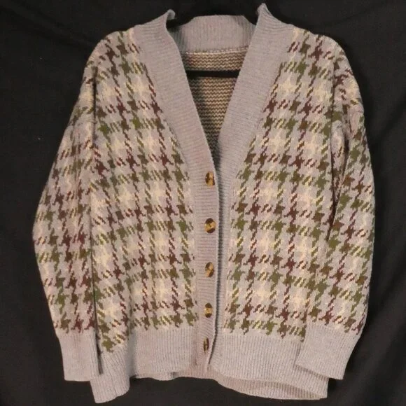Heavy Wool Blend Houndstooth Button-Up Cardigan | xl - extra large | V-Neck - Picture 1 of 15
